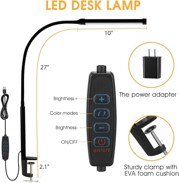 LED Desk Lamp with Clamp, 3 Colors & 10 Brightness Levels