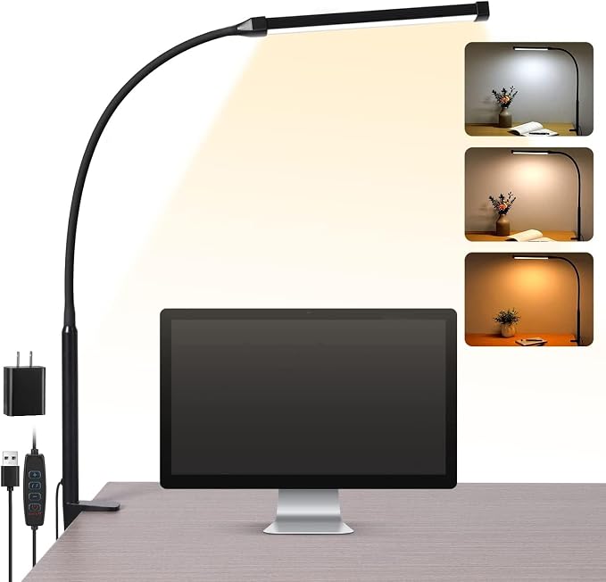 LED Desk Lamp with Clamp, 3 Colors & 10 Brightness Levels
