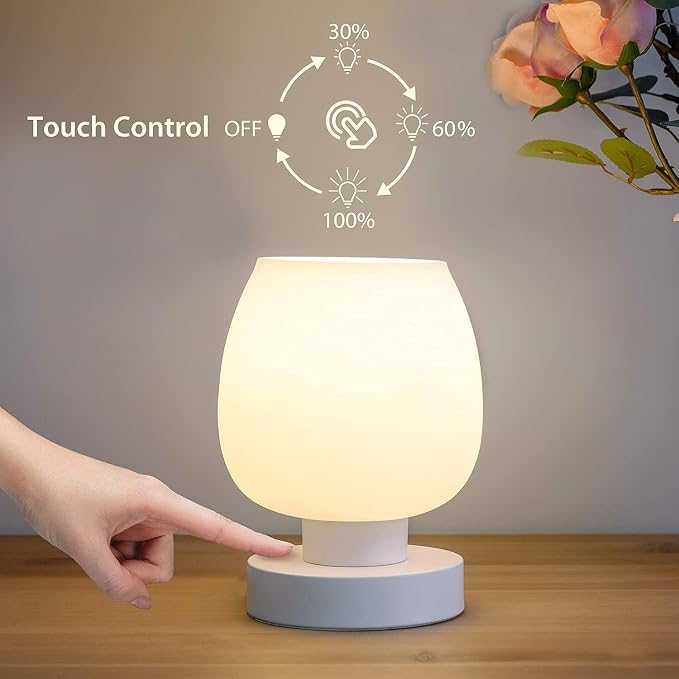 Small Bedside Lamp with 3-Way Touch Dimming & Opal Glass