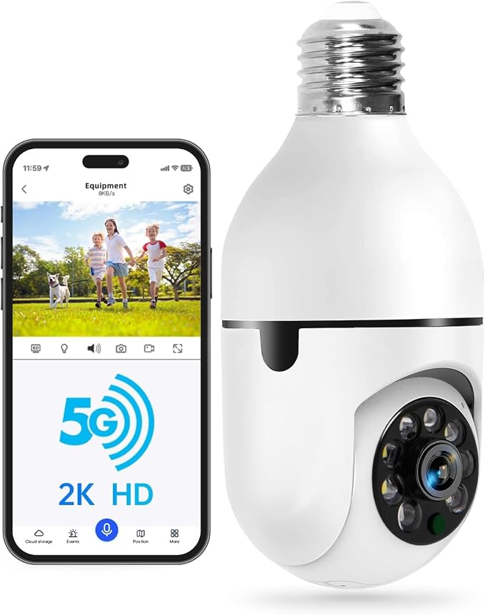 2K Light Bulb Security Camera with Dual-Band WiFi & Night Vision