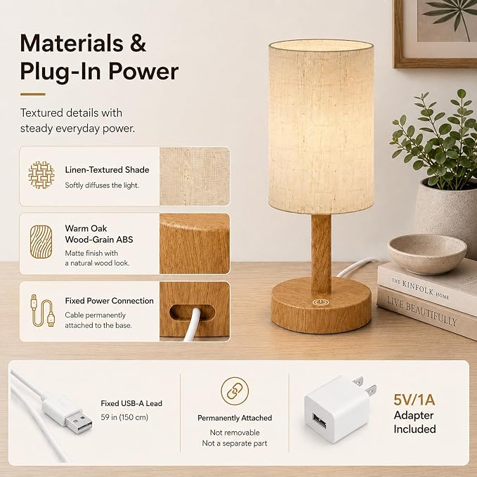 Small Plug-In Bedside Table Lamp with Touch Dimming & LED
