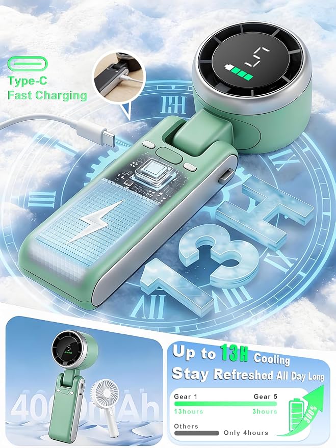 Portable Handheld Turbo Fan, 5-Speed Rechargeable & Foldable