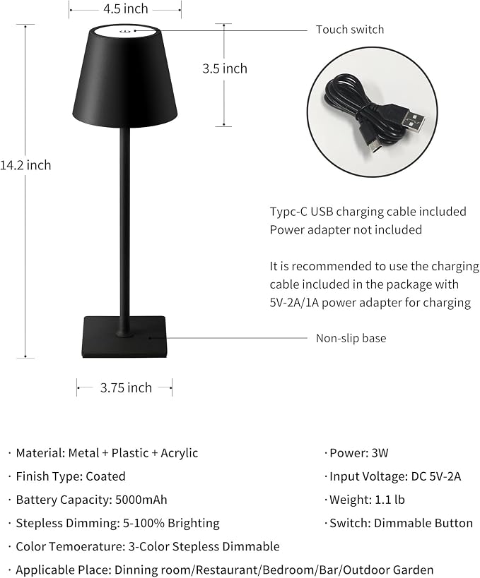 2 Pack Cordless Rechargeable Table Lamps with 5000mAh Battery