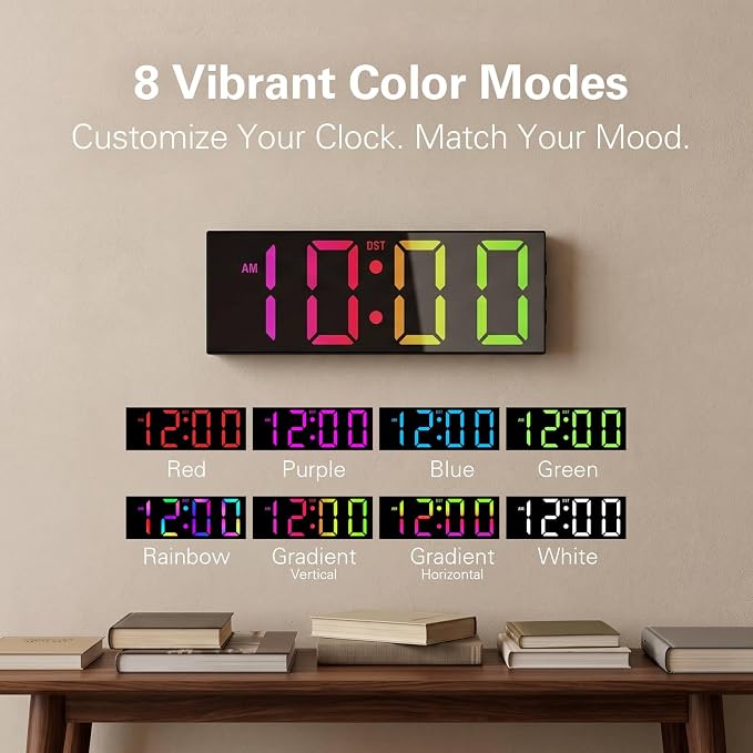12" Digital Wall Clock with 3.5" LED Numbers, 8 Colors & Night Light