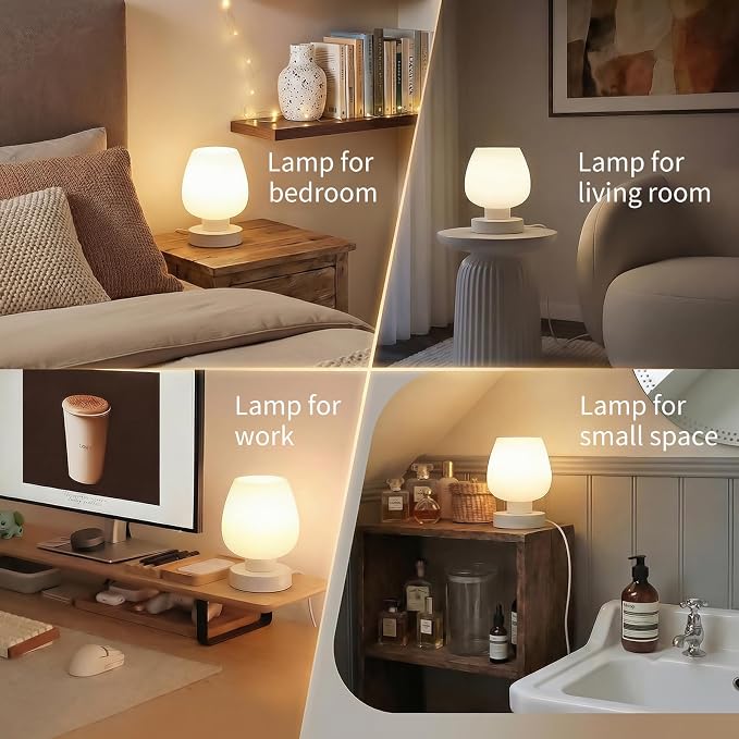 Small Bedside Lamp with 3-Way Touch Dimming & Opal Glass
