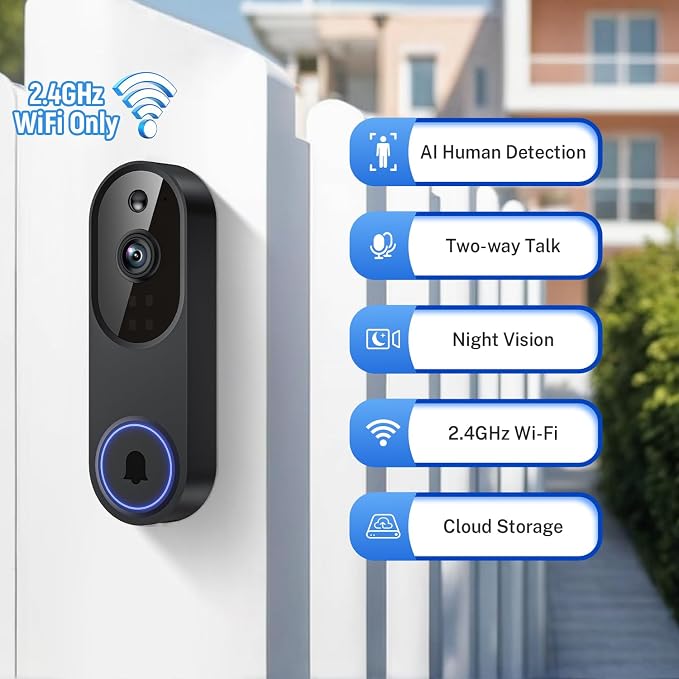1080p Wi-Fi Video Doorbell with AI Detection & Night Vision