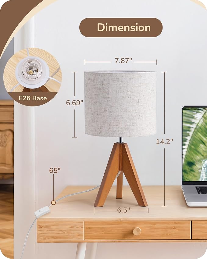 14.2" Tripod Table Lamp, Wooden Bedside Lamp with E26 Base