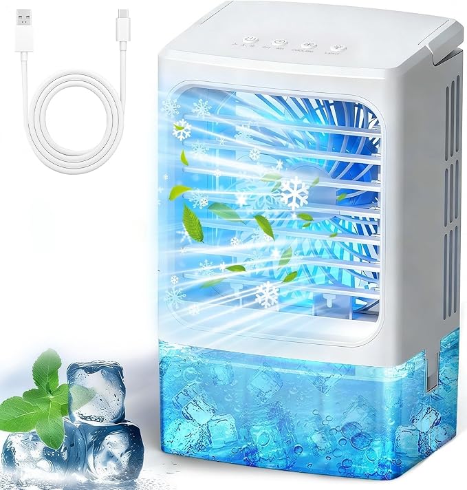 Mini Portable Air Cooler with 1500ML Tank, 3 Speeds & LED