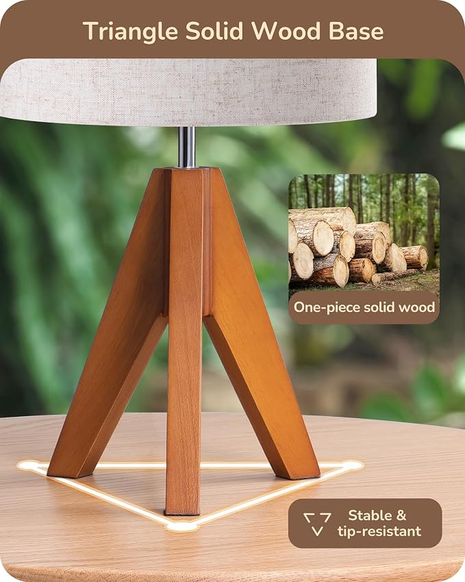 14.2" Tripod Table Lamp, Wooden Bedside Lamp with E26 Base