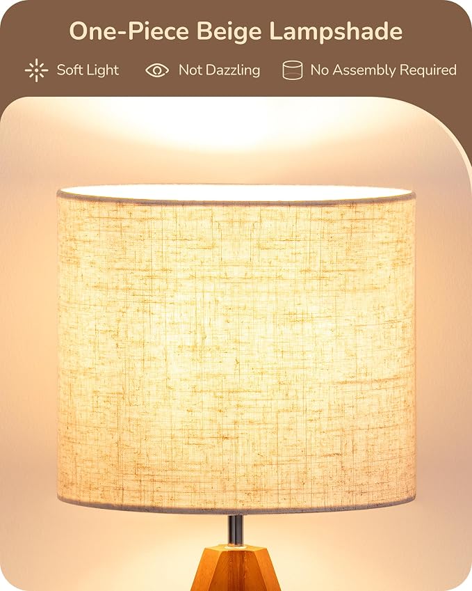 14.2" Tripod Table Lamp, Wooden Bedside Lamp with E26 Base