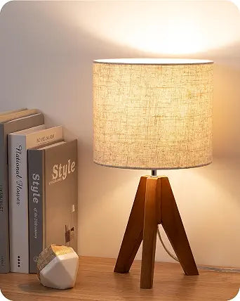 14.2" Tripod Table Lamp, Wooden Bedside Lamp with E26 Base