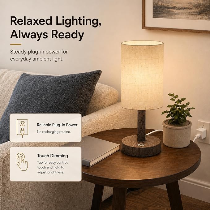 Small Plug-In Bedside Table Lamp with Touch Dimming & LED